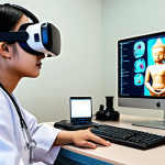 **A Thai medical student in a virtual reality simulation, practicing a heart surgery using MR technology. The scene should show a realistic operating room setting overlaid with holographic anatomical models. The student is wearing a VR headset and using hand controllers, with a subtle Thai cultural element in the background (e.g., a small Buddha amulet on their desk).**