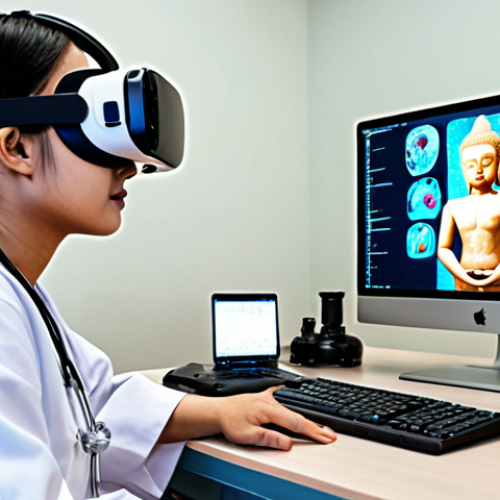 **A Thai medical student in a virtual reality simulation, practicing a heart surgery using MR technology. The scene should show a realistic operating room setting overlaid with holographic anatomical models. The student is wearing a VR headset and using hand controllers, with a subtle Thai cultural element in the background (e.g., a small Buddha amulet on their desk).**