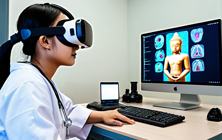**A Thai medical student in a virtual reality simulation, practicing a heart surgery using MR technology. The scene should show a realistic operating room setting overlaid with holographic anatomical models. The student is wearing a VR headset and using hand controllers, with a subtle Thai cultural element in the background (e.g., a small Buddha amulet on their desk).**