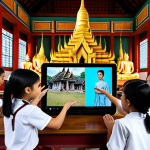 **A vibrant and engaging Mixed Reality classroom in Thailand. Students are enthusiastically interacting with holographic projections of ancient Thai temples, guided by a teacher using a no-code platform on a tablet. The scene showcases collaborative learning and immersive historical exploration. Focus on bright colors, friendly expressions, and a modern Thai school setting.**