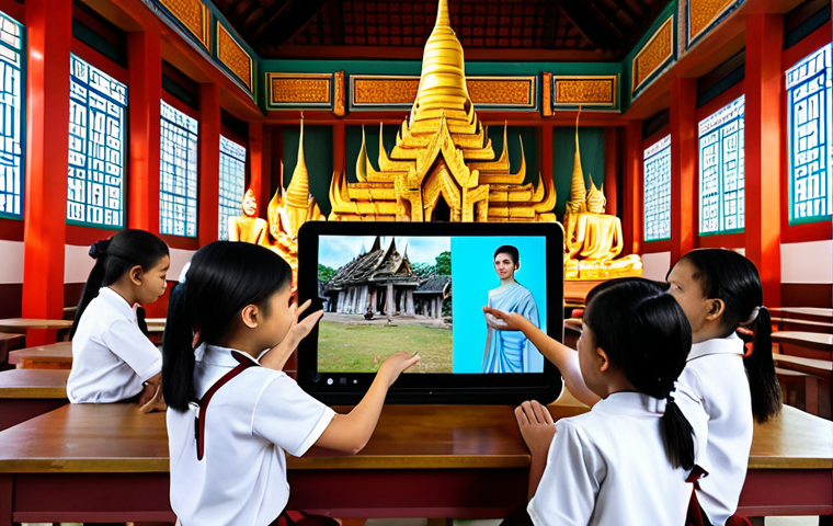 **A vibrant and engaging Mixed Reality classroom in Thailand. Students are enthusiastically interacting with holographic projections of ancient Thai temples, guided by a teacher using a no-code platform on a tablet. The scene showcases collaborative learning and immersive historical exploration. Focus on bright colors, friendly expressions, and a modern Thai school setting.**