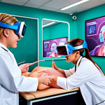 **Interactive MR learning game:** A vibrant mixed reality classroom scene. Students are excitedly interacting with holographic simulations of surgical procedures while wearing MR headsets. The teacher is guiding them. Focus on the engaging and futuristic learning environment.