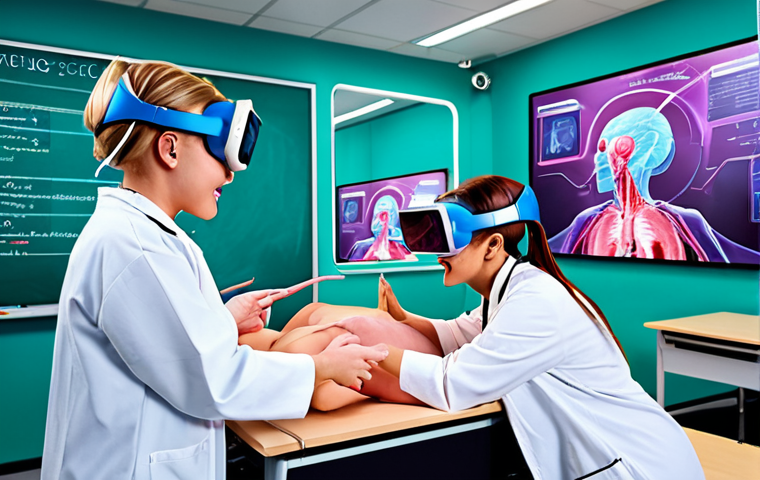 **Interactive MR learning game:** A vibrant mixed reality classroom scene. Students are excitedly interacting with holographic simulations of surgical procedures while wearing MR headsets. The teacher is guiding them. Focus on the engaging and futuristic learning environment.